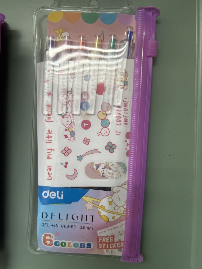 [BOL-DEL-0001] Set de bolígrafos Deli Gel Retráctil Punta 0.5 mm 6 colores surtidos G118-6C + stickers